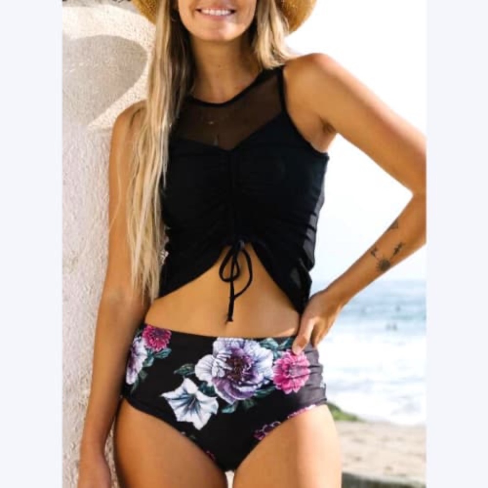 Mesh Patchwork Drawstring Tankini Set (Two Ways O… - image 1